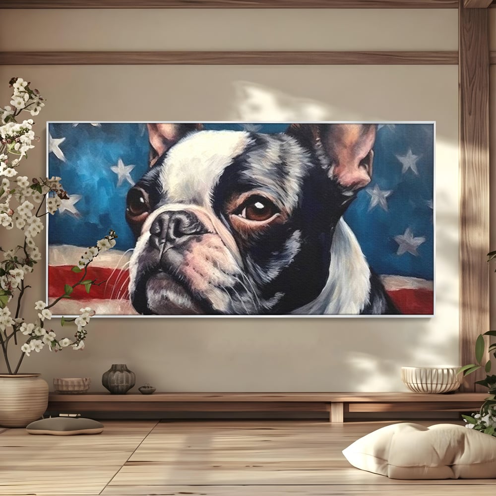 Tablou canvas cu tablou pictura caine boston terrier, in rama de aluminiu argintiu